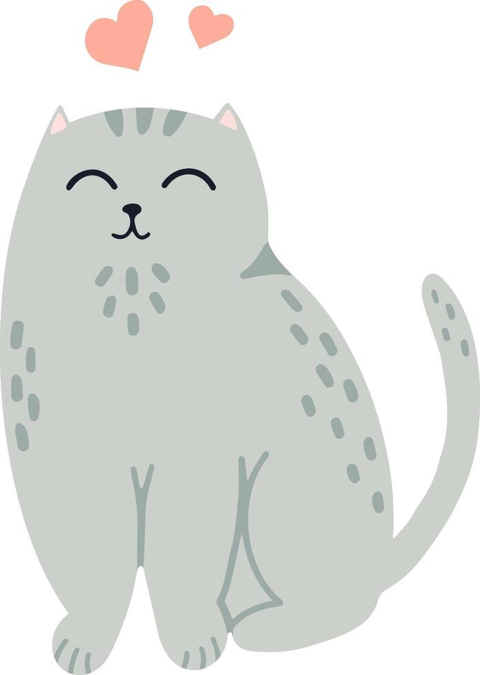 Charming illustration features a cute grey cat sitting contentedly, small hearts floating above its head, symbolizing love and affection in a heartwarming and adorable way vector