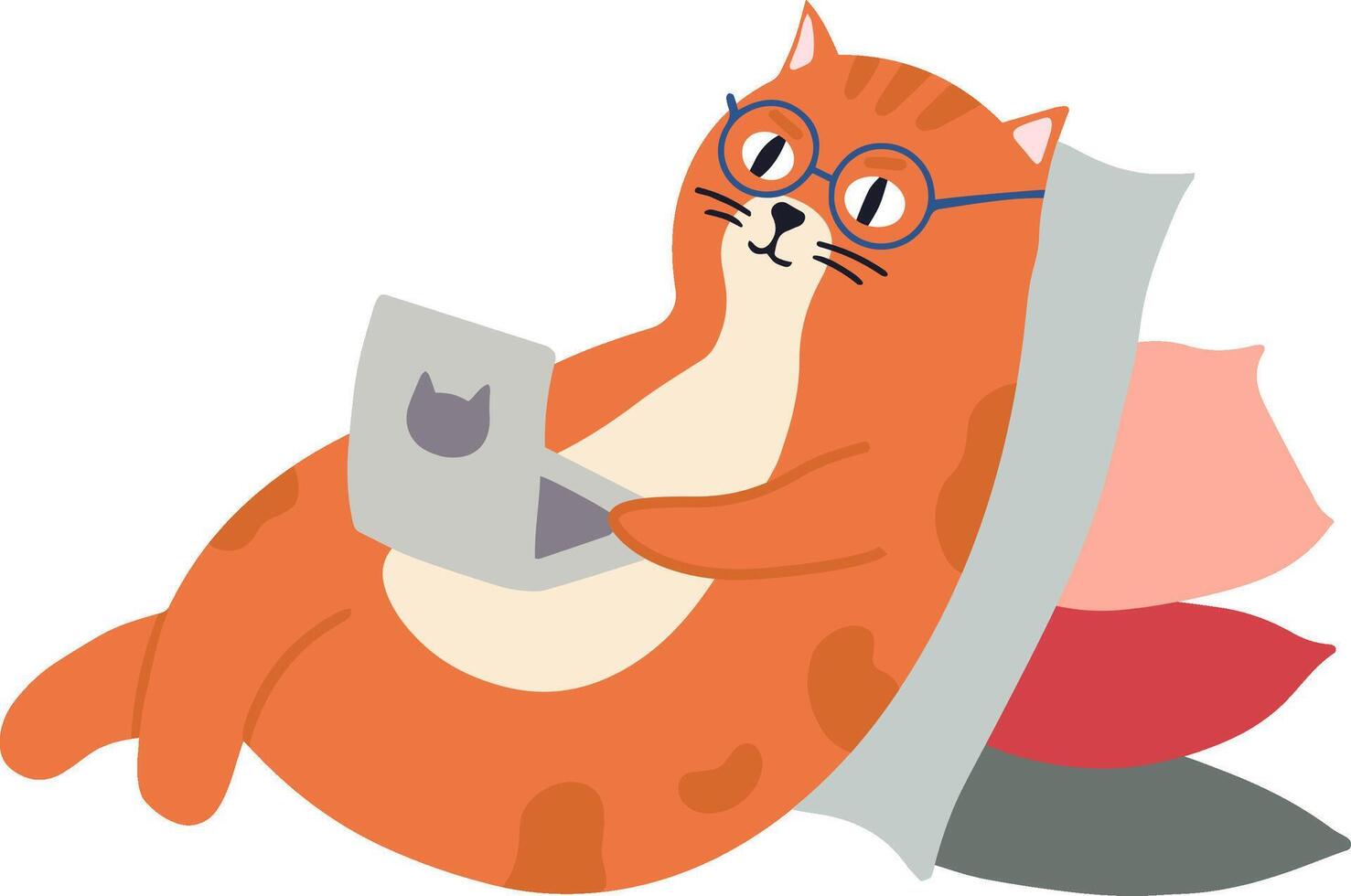 Relaxed ginger cat wearing round glasses and working from home, lying on pillows and using laptop with cat sticker, depicting comfortable and humorous freelance or remote work concept vector