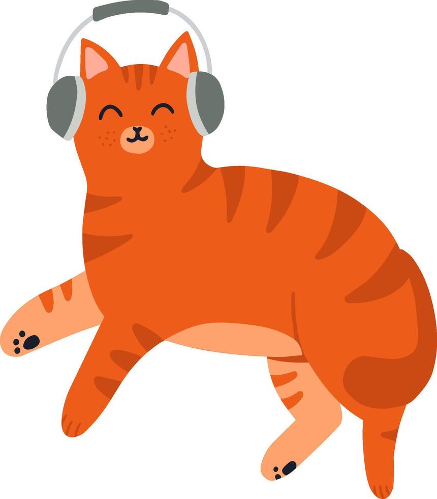Happy ginger tabby cat wearing headphones, enjoying music and relaxing, illustrated in a vibrant cartoon style against a clean white background, radiating joy and playfulness vector