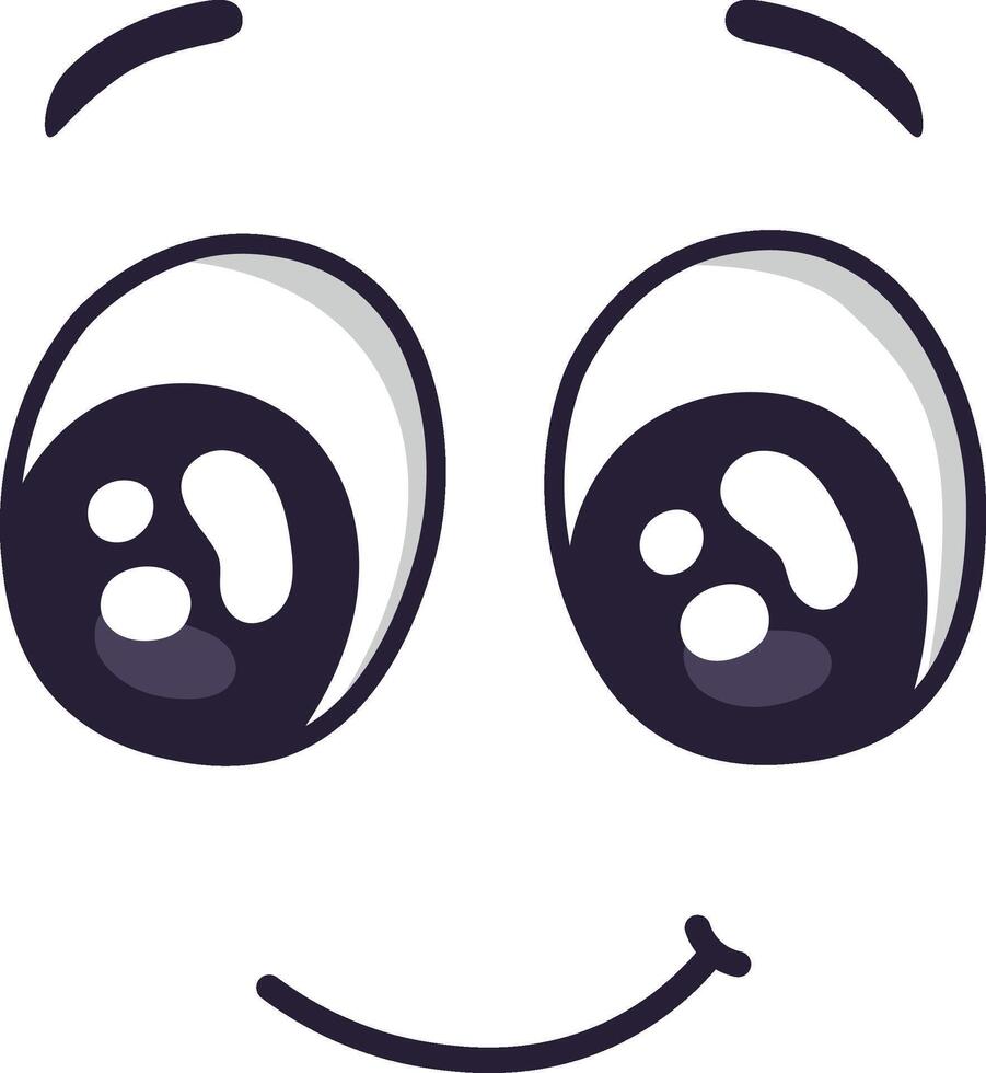 Cartoon face expressing happiness and slight confusion, featuring a cheerful smile, raised eyebrows, and wide open eyes, creating a playful and expressive character vector