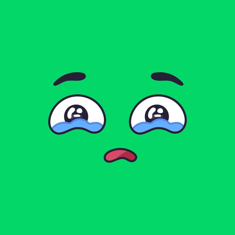 Cartoon face illustration conveying sadness and sorrow with crying eyes and a downturned mouth, set against a vibrant green background, perfect for expressing emotional states vector