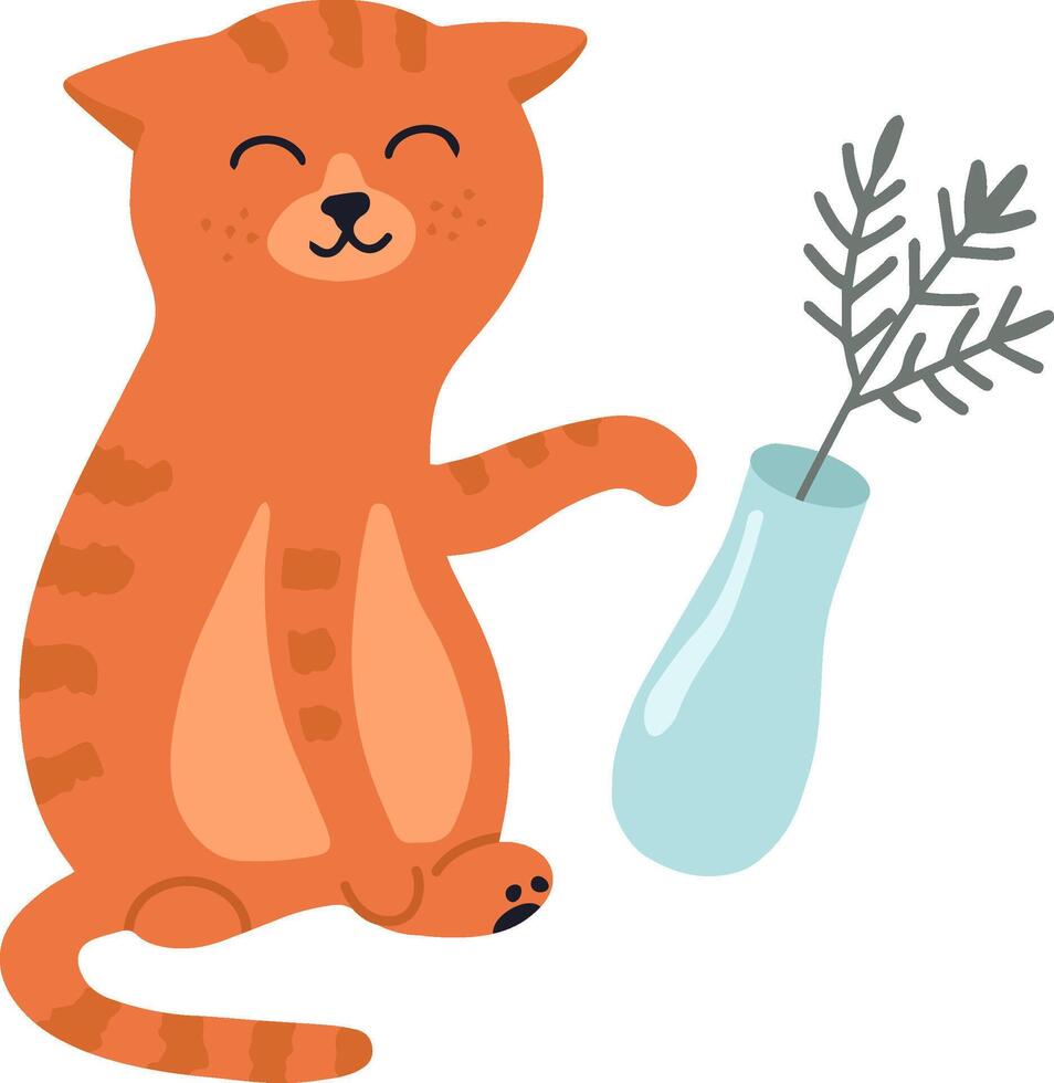 Cartoon illustration featuring a cute ginger cat happily pointing at a light blue vase filled with a stylized plant, all set against a clean white background vector