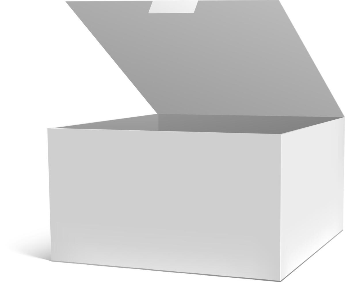 Realistic open box mockup featuring a white gift packaging box, showcasing an opened package alongside an empty rectangular carton, perfect for various design applications vector