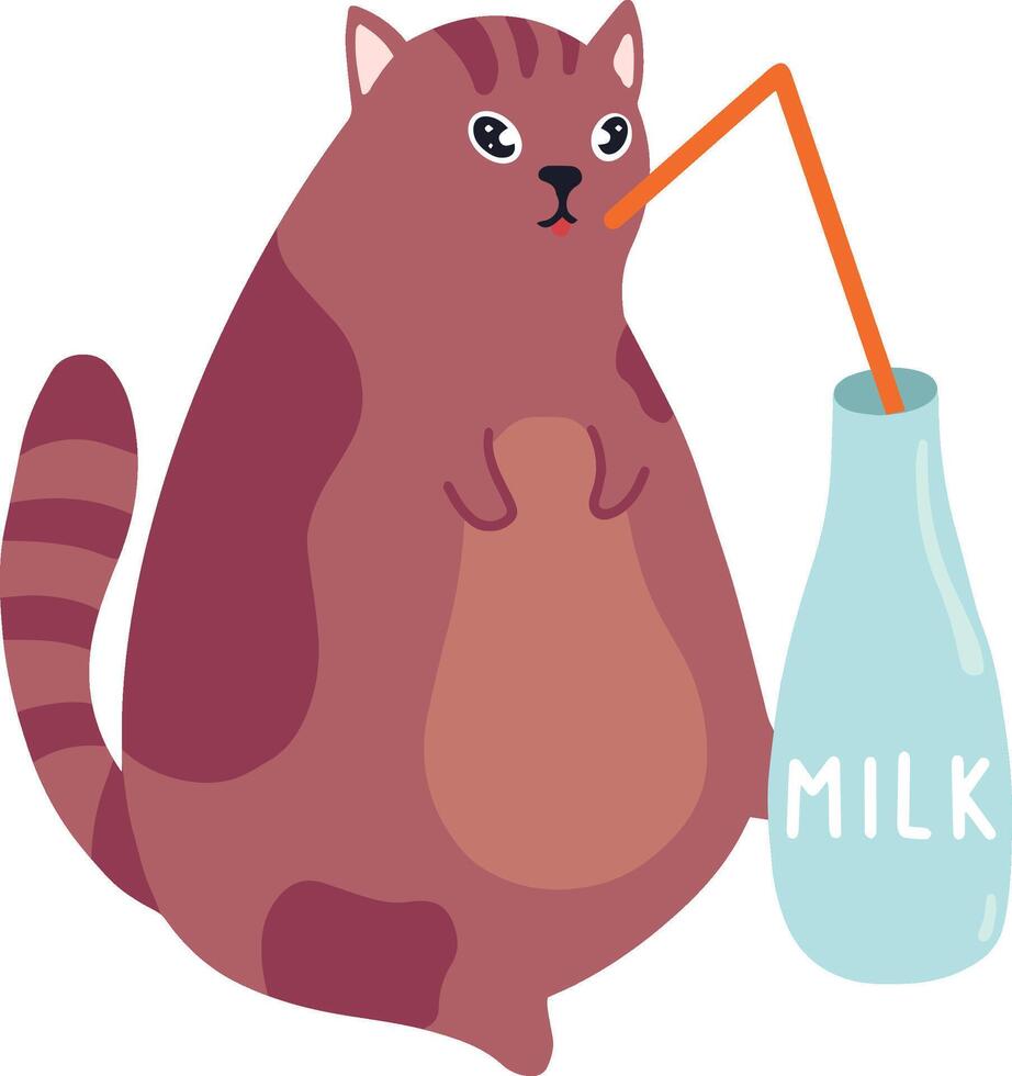 Cartoon illustration of a cute, fat, brown and purple cat drinking milk from a blue bottle using an orange straw, isolated on white background vector