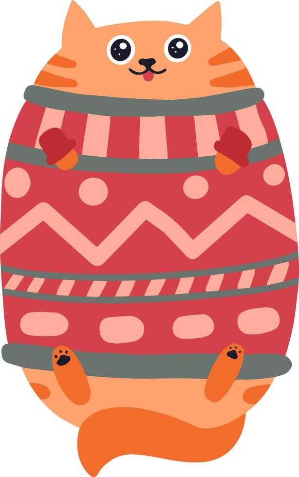 Funny cartoon illustration featuring a chubby ginger cat wearing a vibrant red christmas sweater adorned with playful geometric patterns, proudly displaying its paws and tail vector