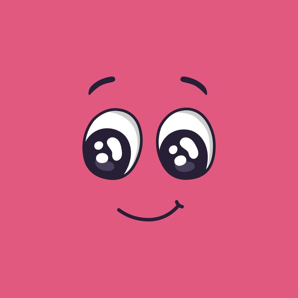 Cartoon face showing a surprising and happy expression, featuring large, expressive eyes and a gentle smile, conveying positive emotions and a sense of wonder against a vibrant pink backdrop vector