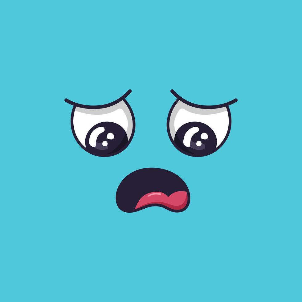 Cartoon face expressing disappointment and sadness, with eyes looking down and tongue sticking out, conveying a sense of frustration and dejection on a vibrant blue background vector