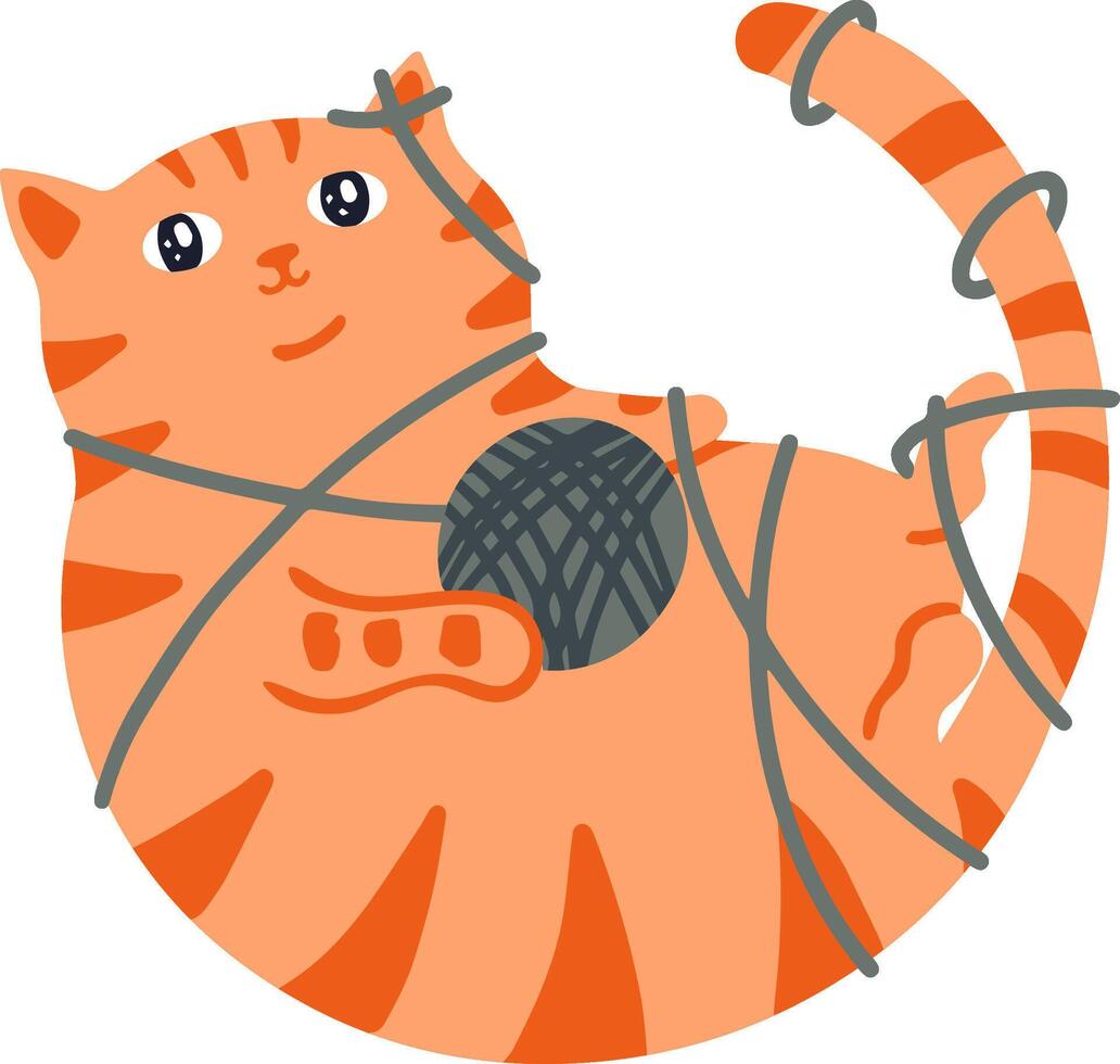 Playful ginger tabby cat finds itself adorably entangled in yarn, its paws wrapped around a ball of gray thread, creating a whimsical and charming scene vector