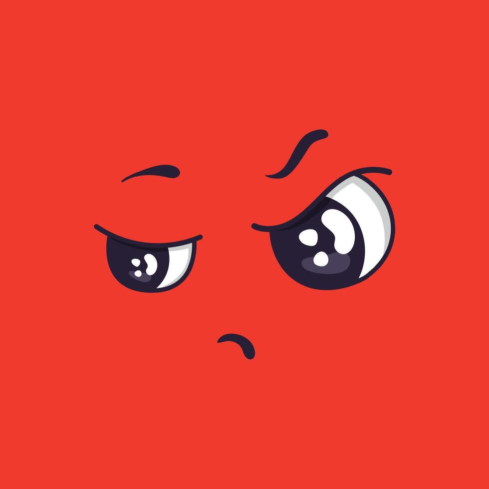 Suspicious cartoon face expressing distrust, skepticism, and doubt with squinted eyes and a furrowed brow on a vibrant red background, conveying a sense of unease and questioning vector