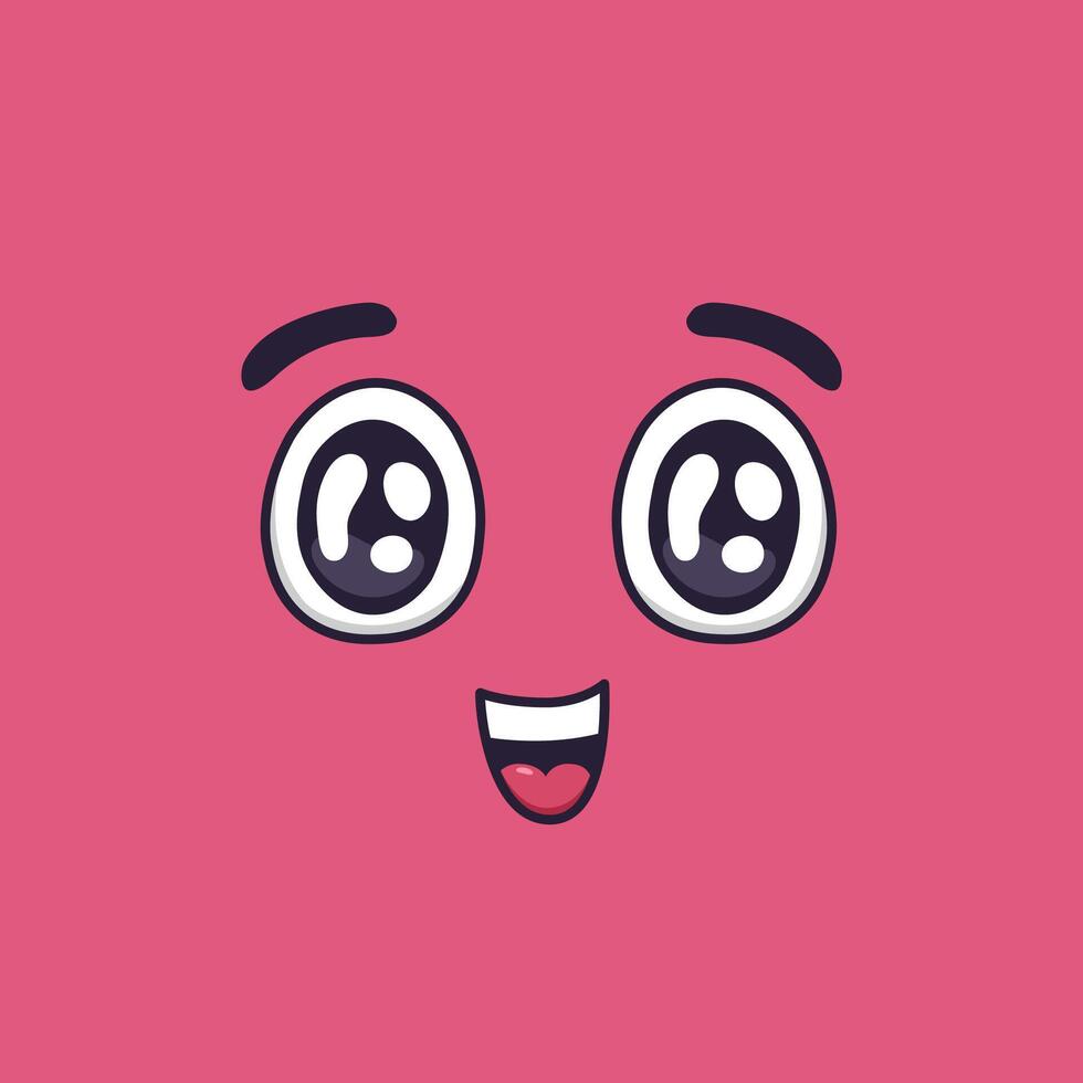 Cartoon face expressing surprise and happiness with wide open eyes, raised eyebrows, and a cheerful smile against a vibrant pink background, radiating joy and wonder vector