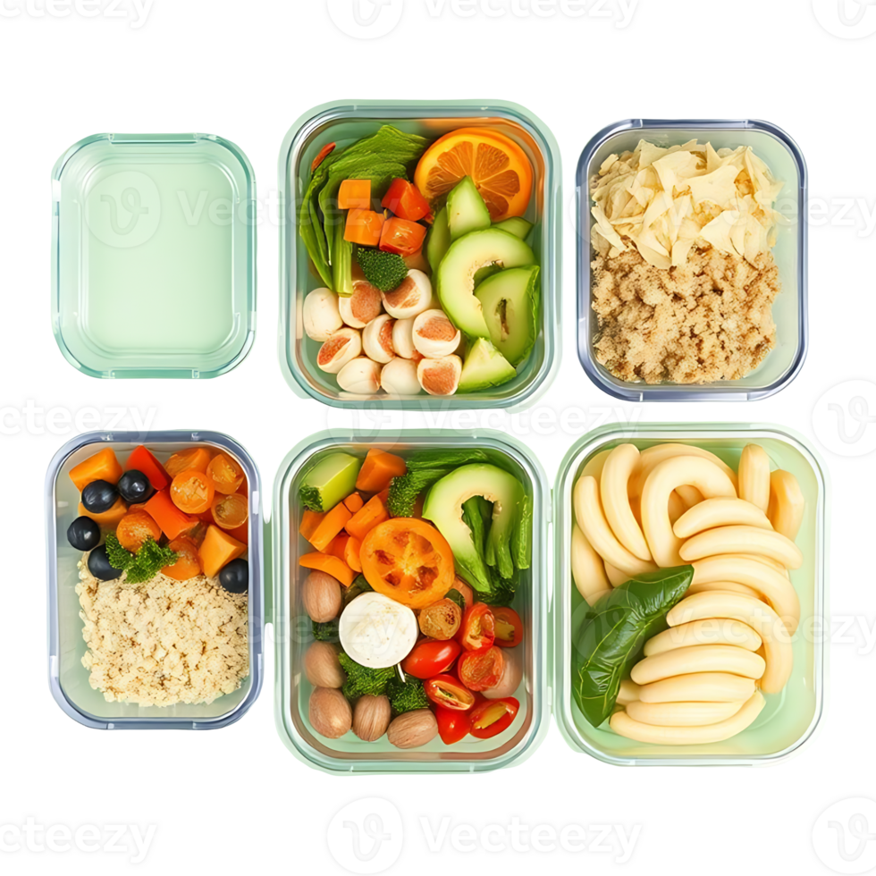Four containers with food in them, including vegetables, pasta, and rice png