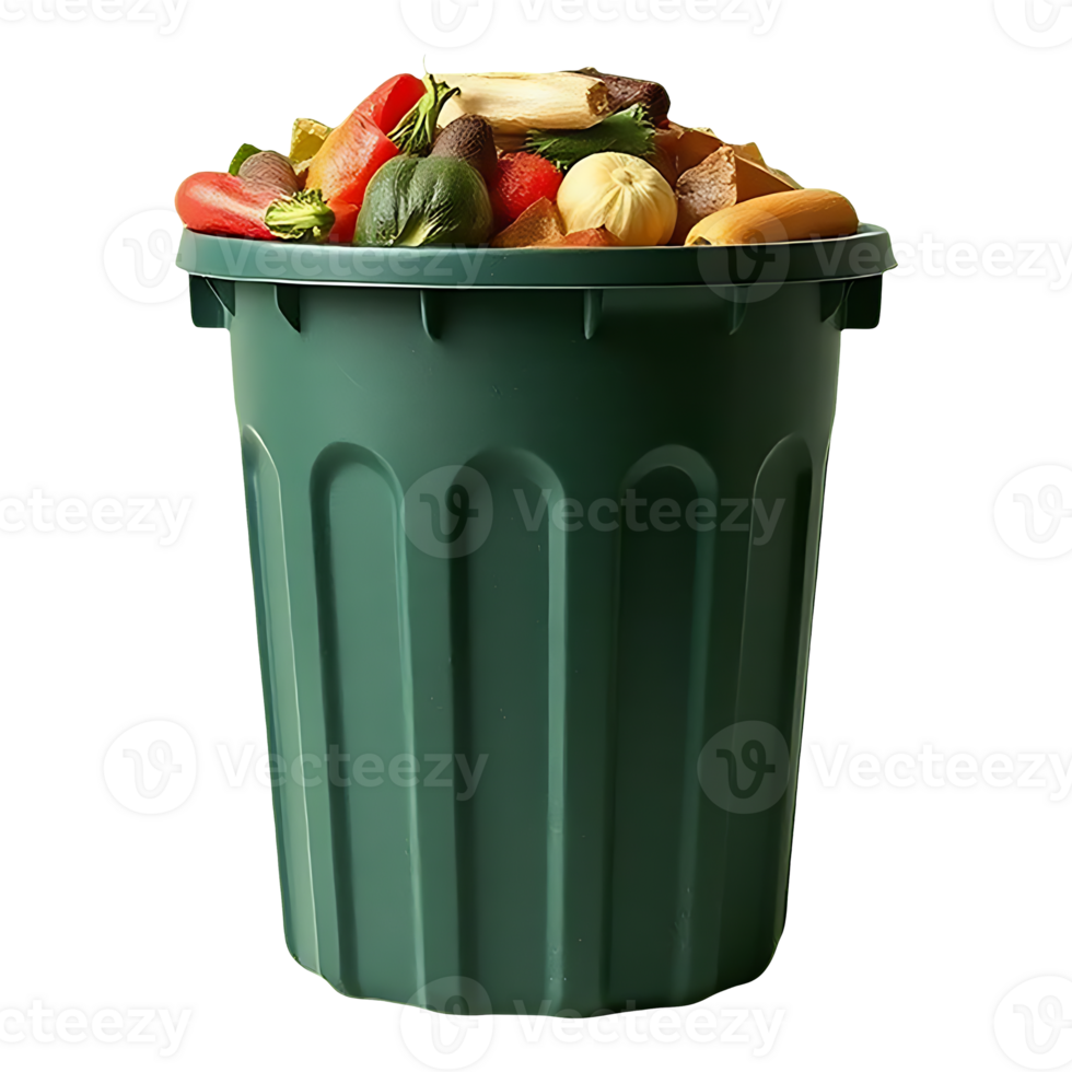 A green trash can filled with food png