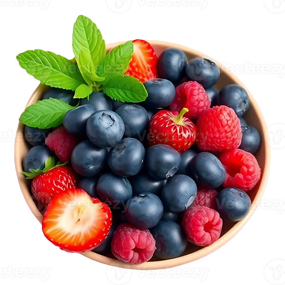 A bowl of berries with mint leaves on top png