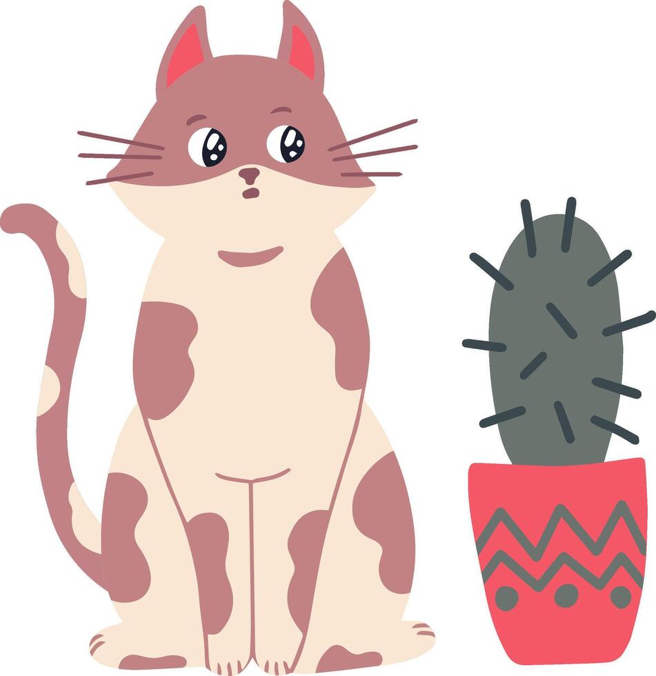 Adorable spotted cat sitting playfully next to a small cactus in a beautifully decorated pot, featuring a simple flat illustration against a crisp white background vector