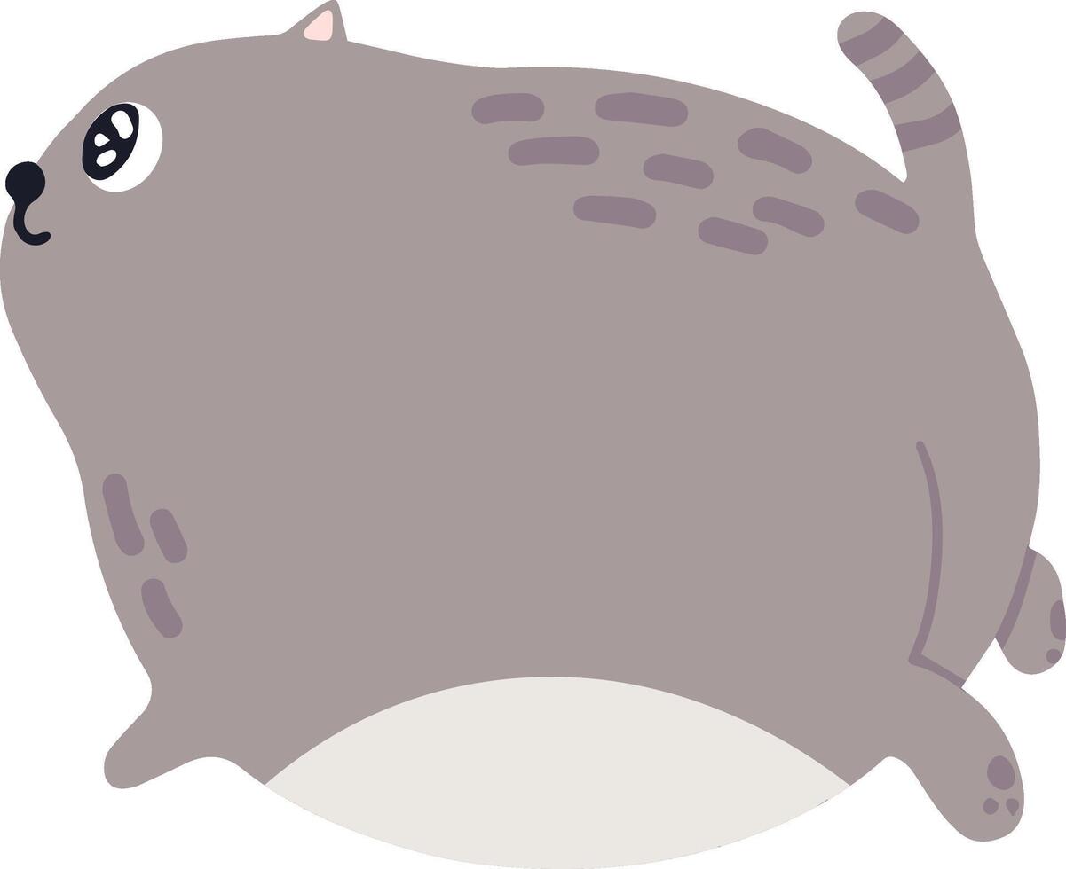 Chubby gray cat running and looking up, featuring a striped tail and light gray belly, perfect for children's books and playful pet product branding vector