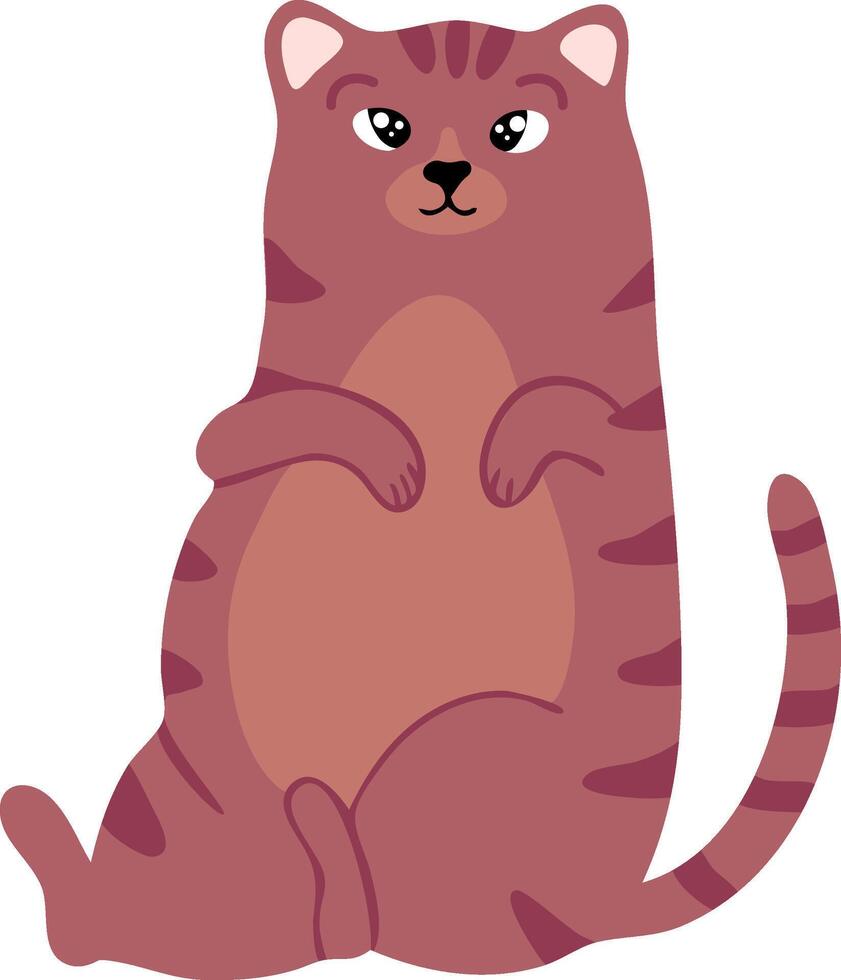 Cartoon illustration featuring a cute, chubby cat sitting comfortably with paws raised, proudly displaying its round belly against a clean white background vector