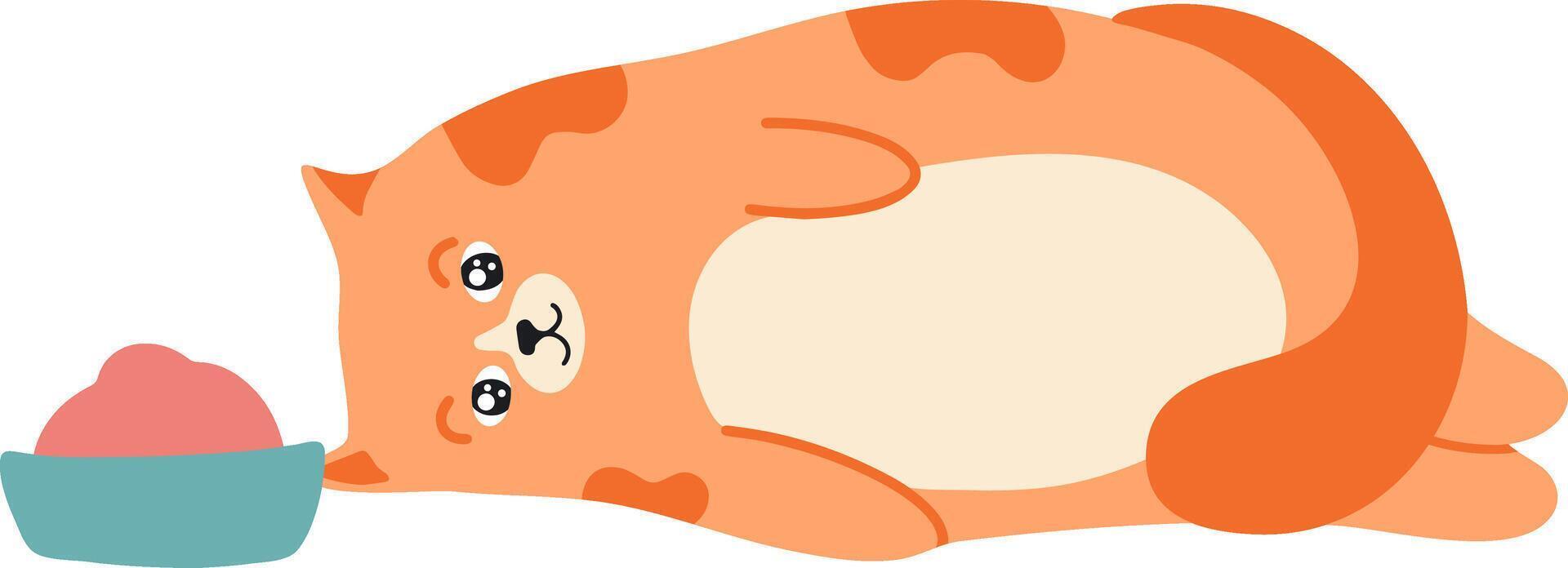 Cartoon illustration of a cute, fat, ginger cat lying on its side next to a bowl of pink food, looking at the viewer with a contented expression vector