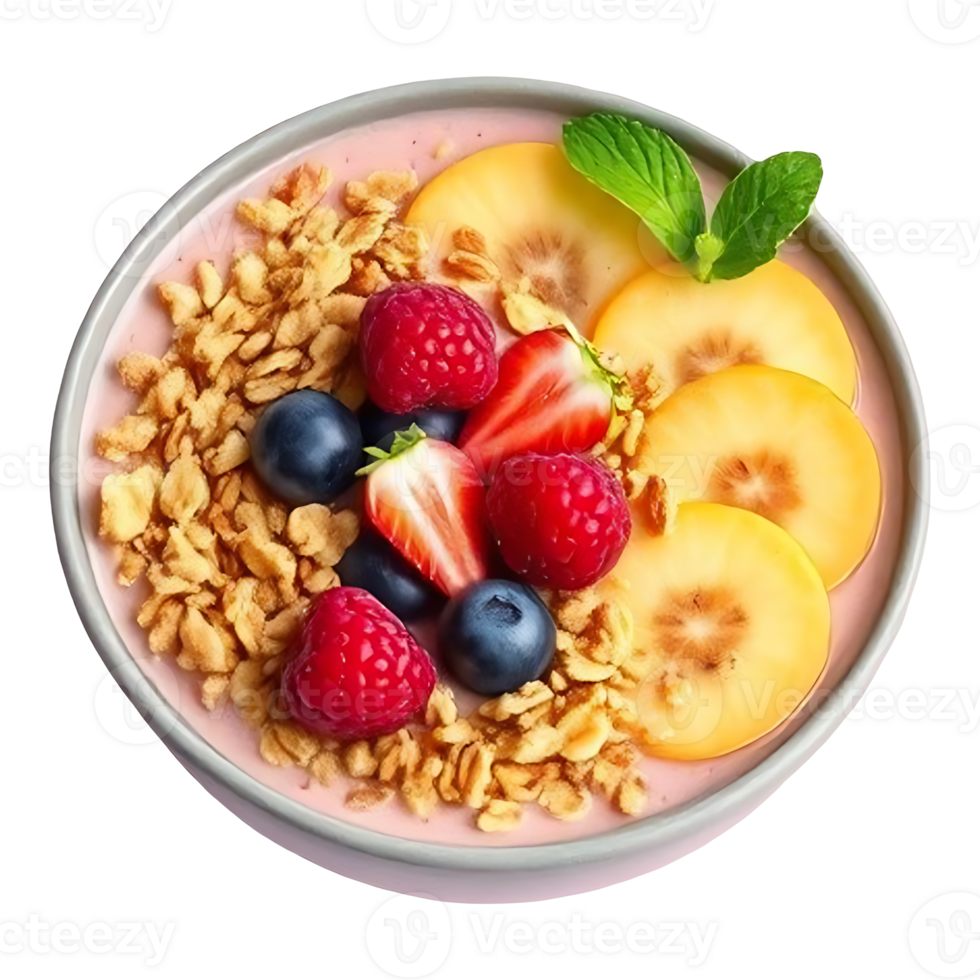 A bowl of fruit and granola topped with berries and a mint leaf png