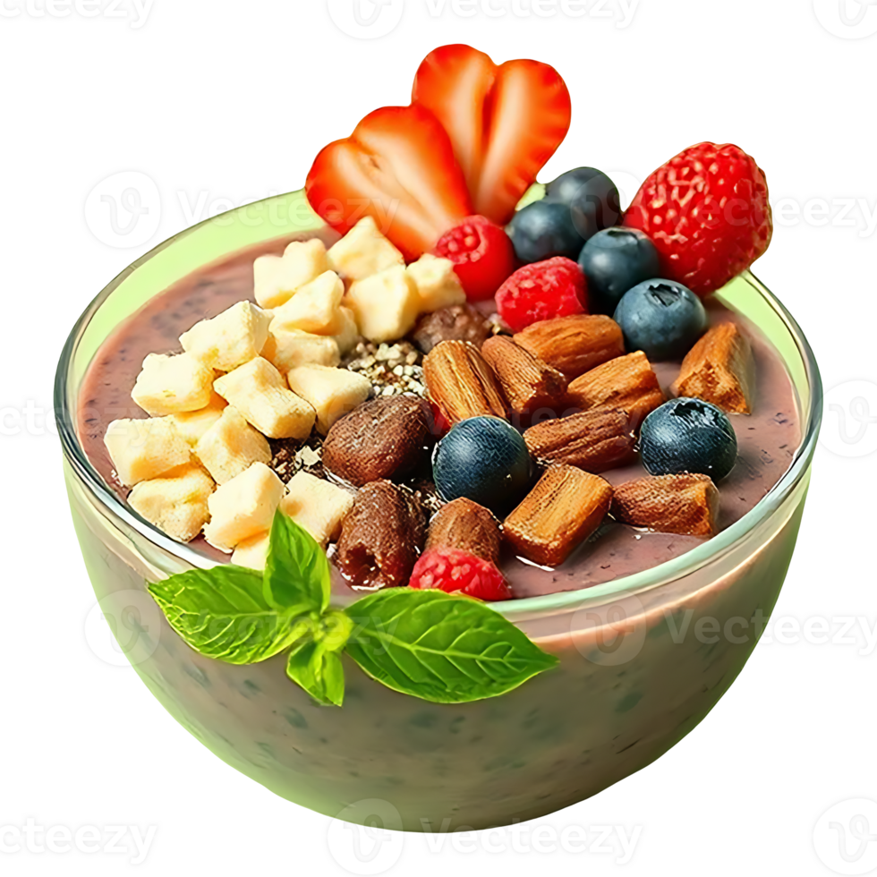 A bowl of fruit and nuts with a green leaf png