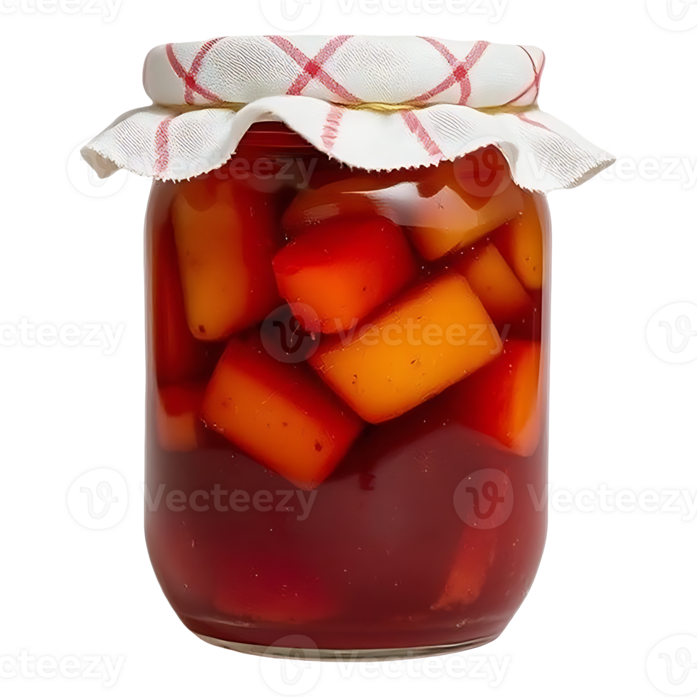 A jar of pickled fruit with a checkered cloth png