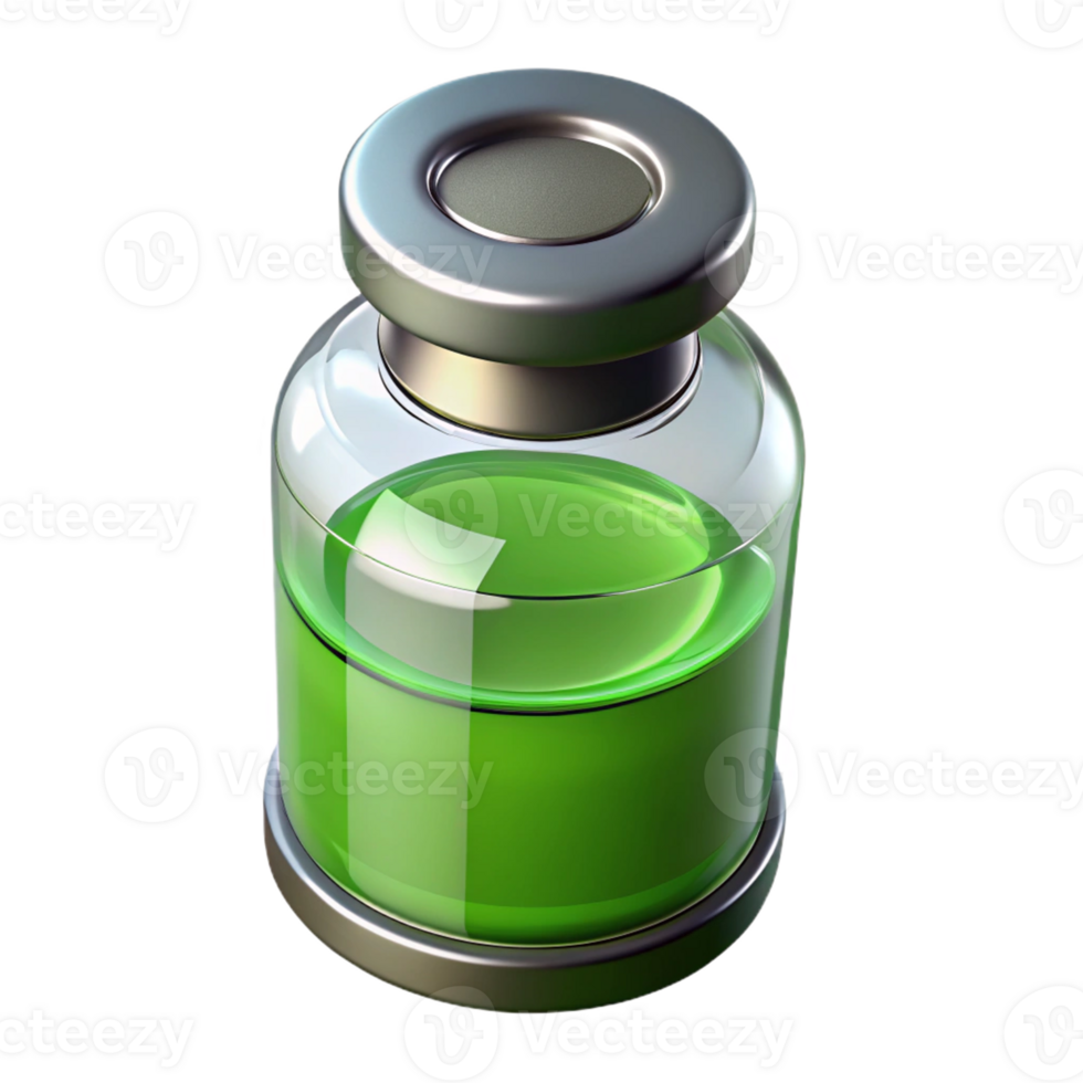 Glass ampoule with vaccine of green color 3d illustration isolated png