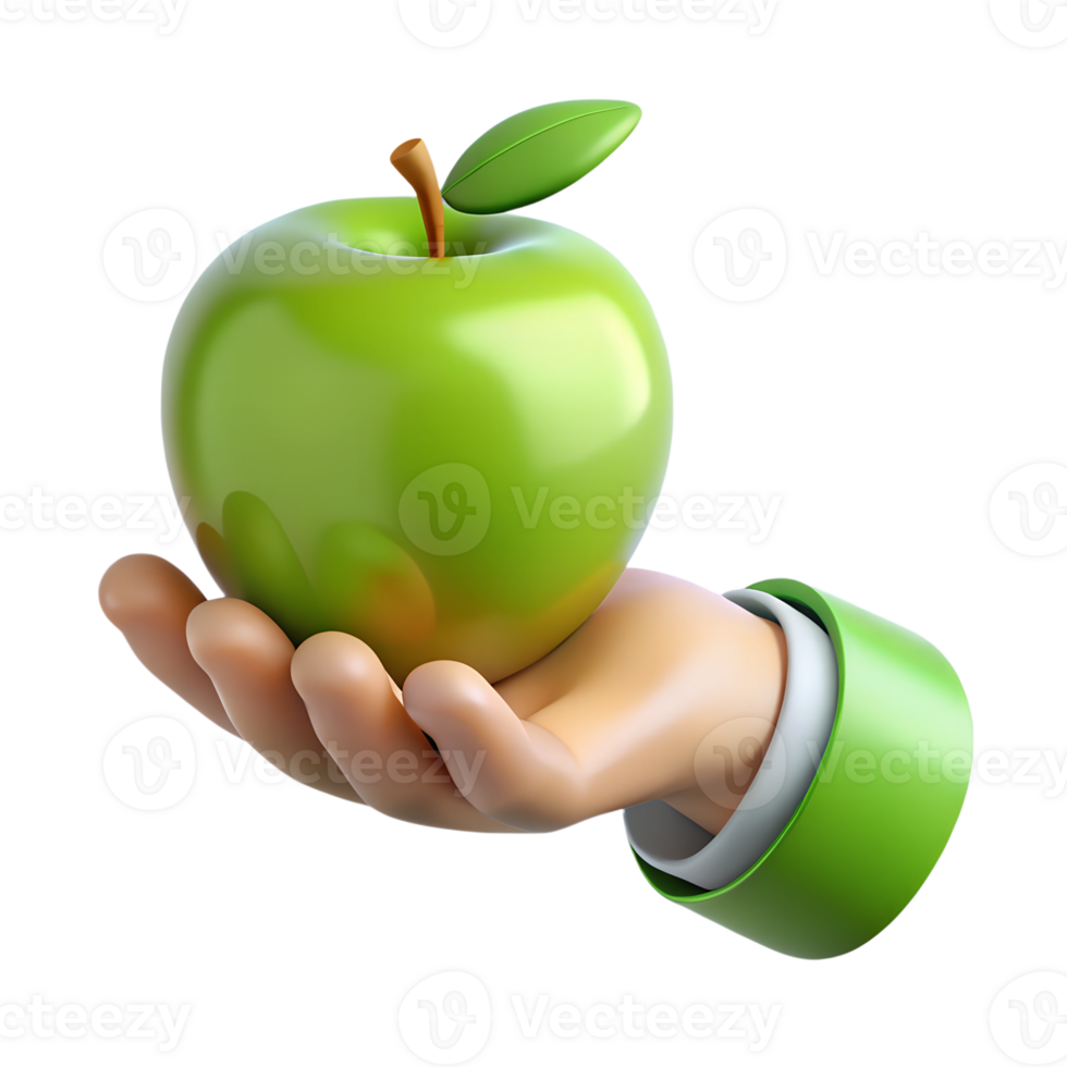 Human hand holding green apple 3d illustration isolated png