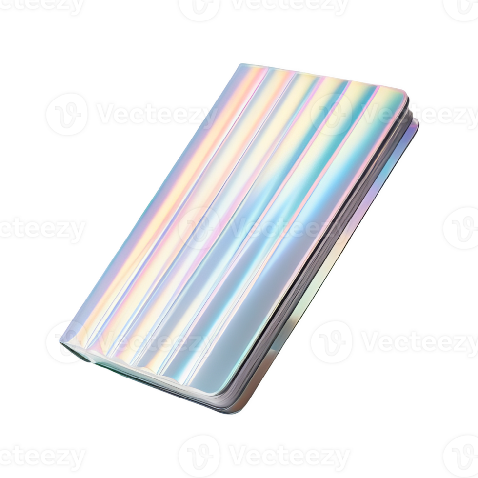 3D chrome element in Y2K style, isolated background, liquid holographic metal. Book with rainbow design on the cover, notebook with silver shiny surface. png