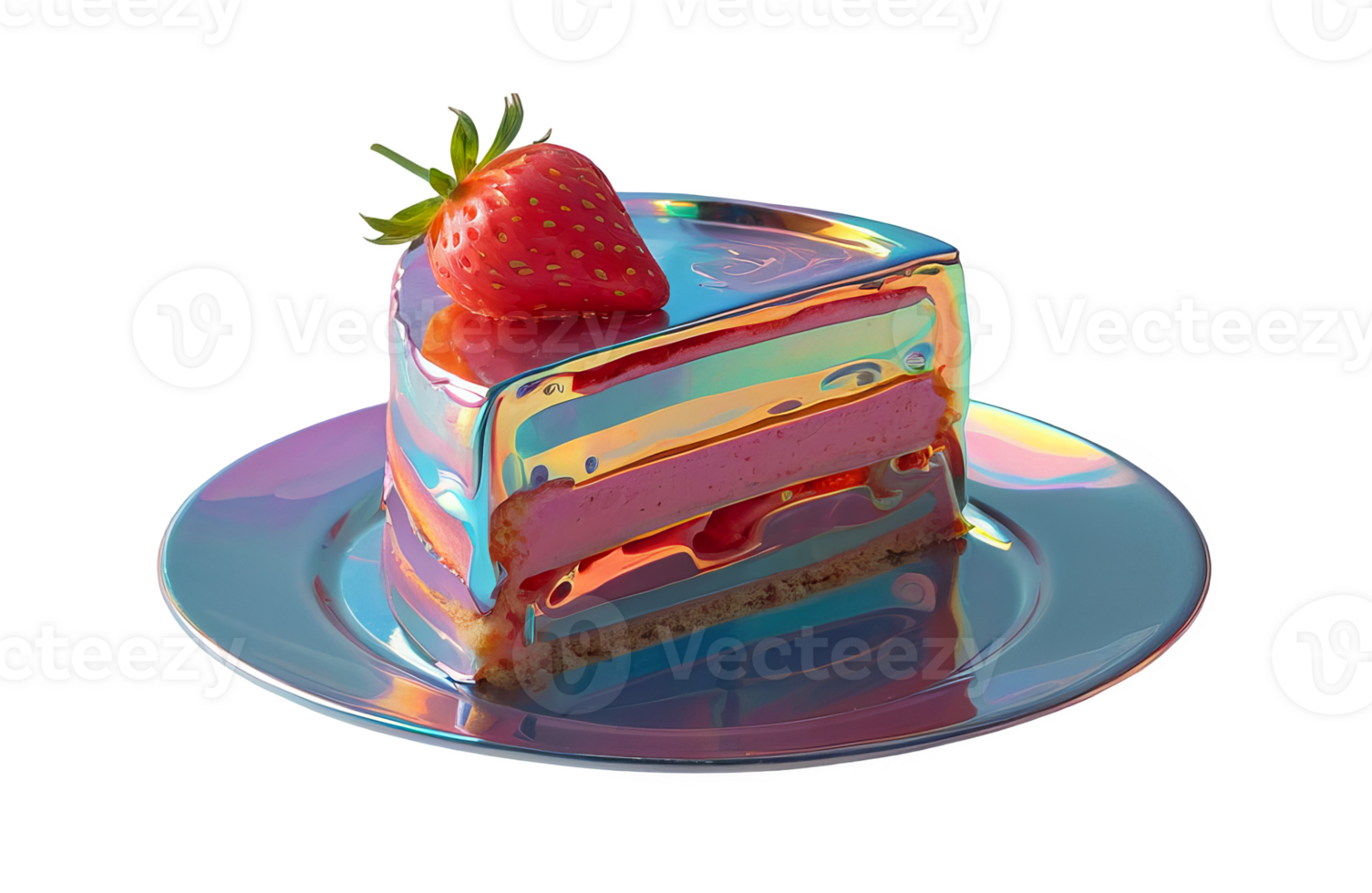 3D chrome element in Y2K style, isolated background, liquid holographic metal. A slice of cake with a strawberry on top, rainbow design. png