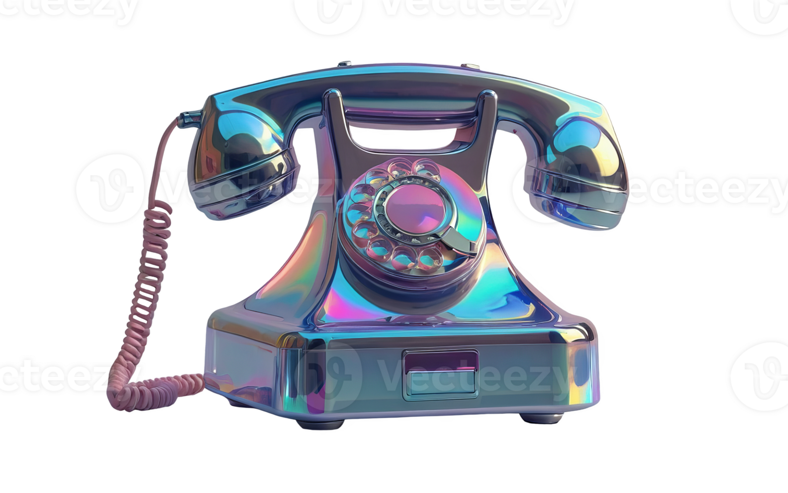 3D chrome element in Y2K style, isolated background, liquid holographic metal. A colorful retro phone with a rainbow colored dial. png