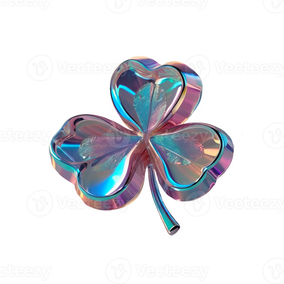 3D chrome element in Y2K style, isolated background, liquid holographic metal. Colorful shiny three-leaf clover with a rainbow-colored mirror surface. png