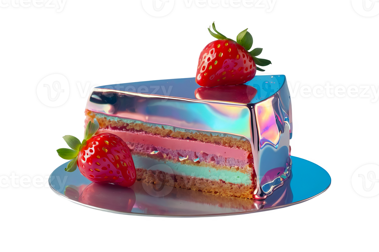 3D chrome element in Y2K style, isolated background, liquid holographic metal. A slice of cake with a strawberry on top, silver and blue frosting. png