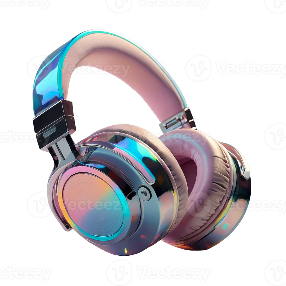 3D chrome element in Y2K style, isolated background, liquid holographic metal. Pair of headphones with a rainbow design, silver colorful and fun. png