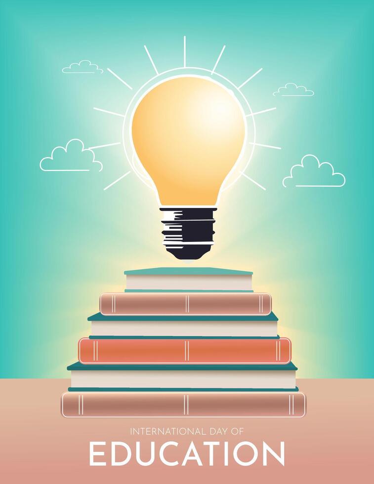 International education day illustration of books with lightbulb. Education and knowledge concept. vector