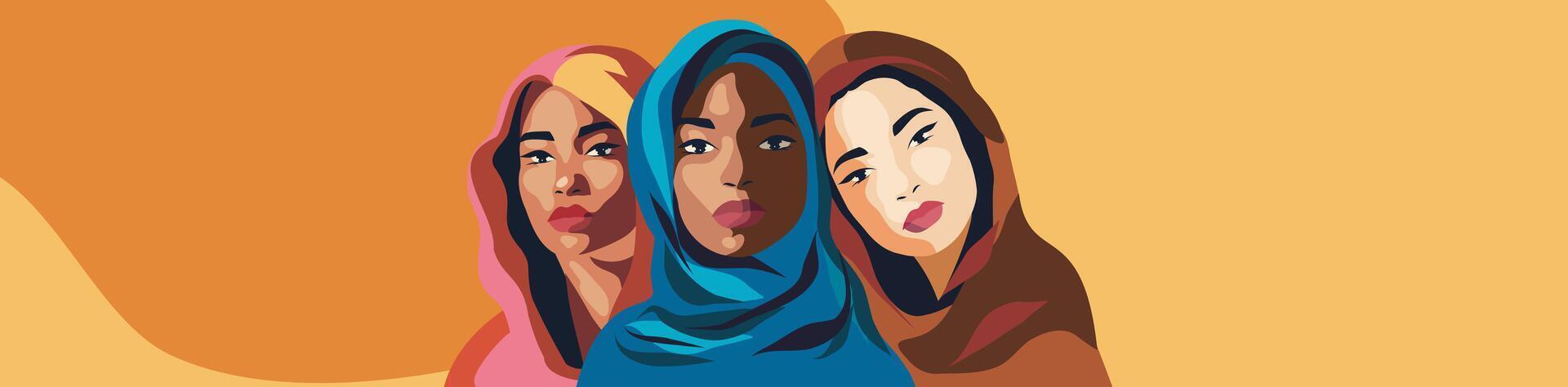 Group of beautiful muslim women. Women's day. Mother's day. illustration for March 8 holiday. vertical flat banner with place for text vector