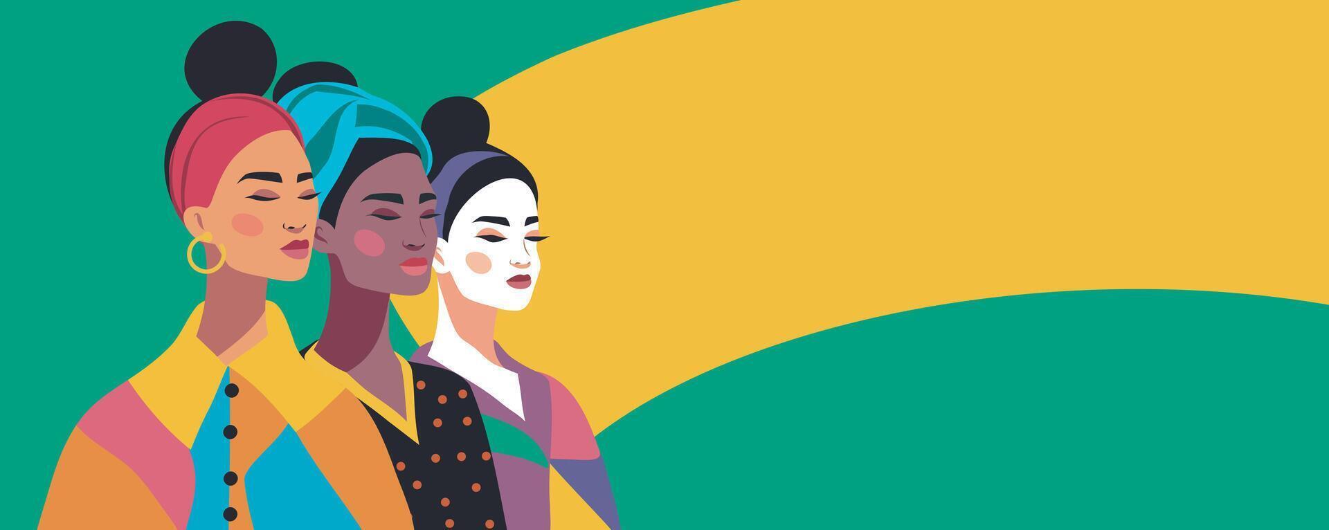 Abstract women of different nationality, skin, appearance and culture stand together, banner with space for text for advertising, website. Women's day. Concept of movement for gender equality vector