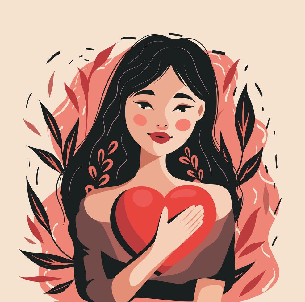 Cute beautiful girl with a heart in her hands on a background of flowers. illustration postcard for the holiday Valentine's Day, Women's Day, Feminism Day in cartoon style. vector