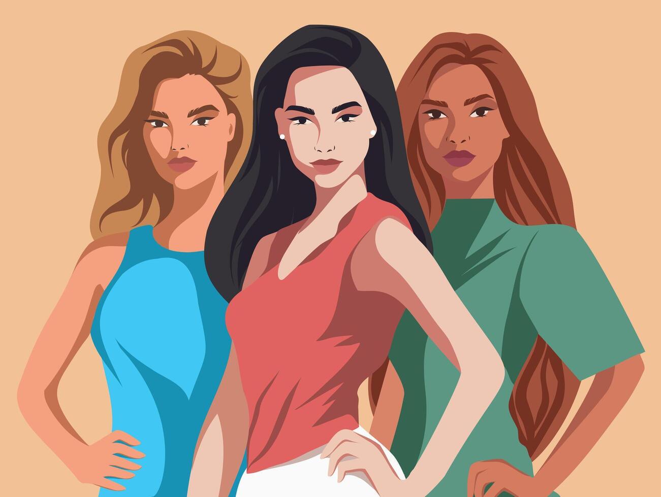 Beautiful strong women of different skin colors and nationalities stand together. Postcard with space for text with women's day. Movements for gender equality and women's empowerment vector