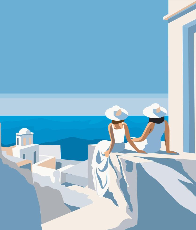Tourism, vacation in Italy or Greece, two women on the beach and sea background admiring the seascape. Postcard, banner with space for text for advertising tourism, social networks, website vector