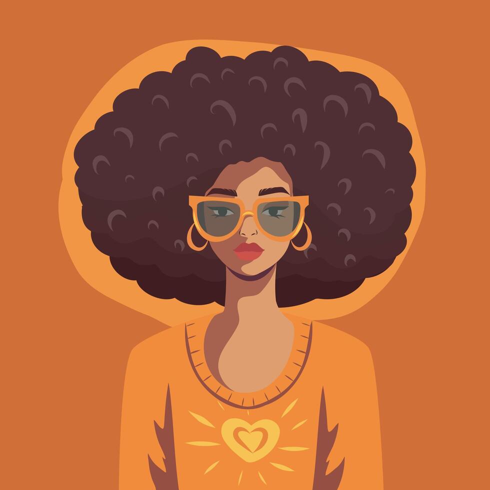 Fashion African American woman with curly afro hairstyle and retro glasses. Portrait, avatar for social networks vector