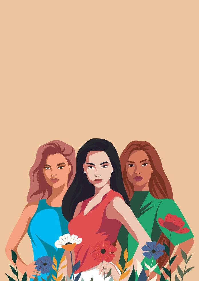 Women in flowers. Different beautiful women standing together. Postcard with space for text happy women's day. Movements for gender equality and women's empowerment vector