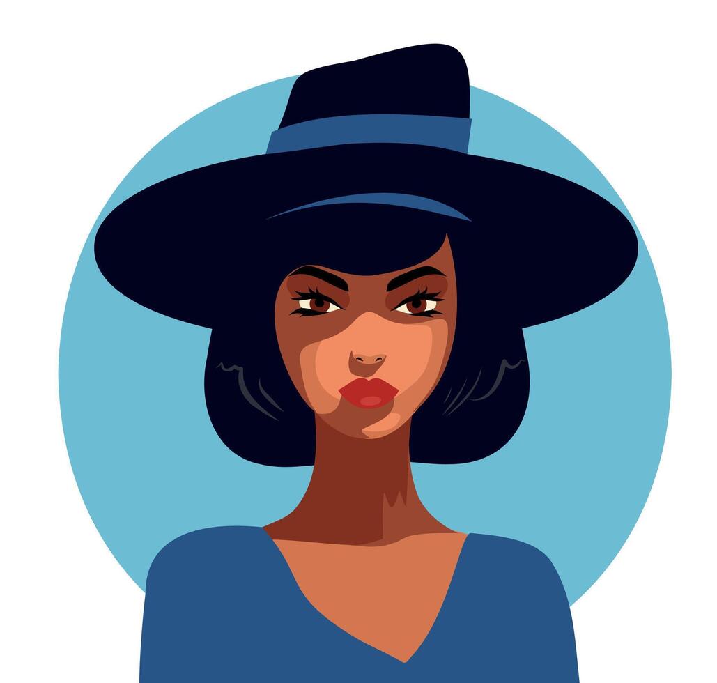 avatar portrait of a girl with a bob haircut in a hat on a blue background vector