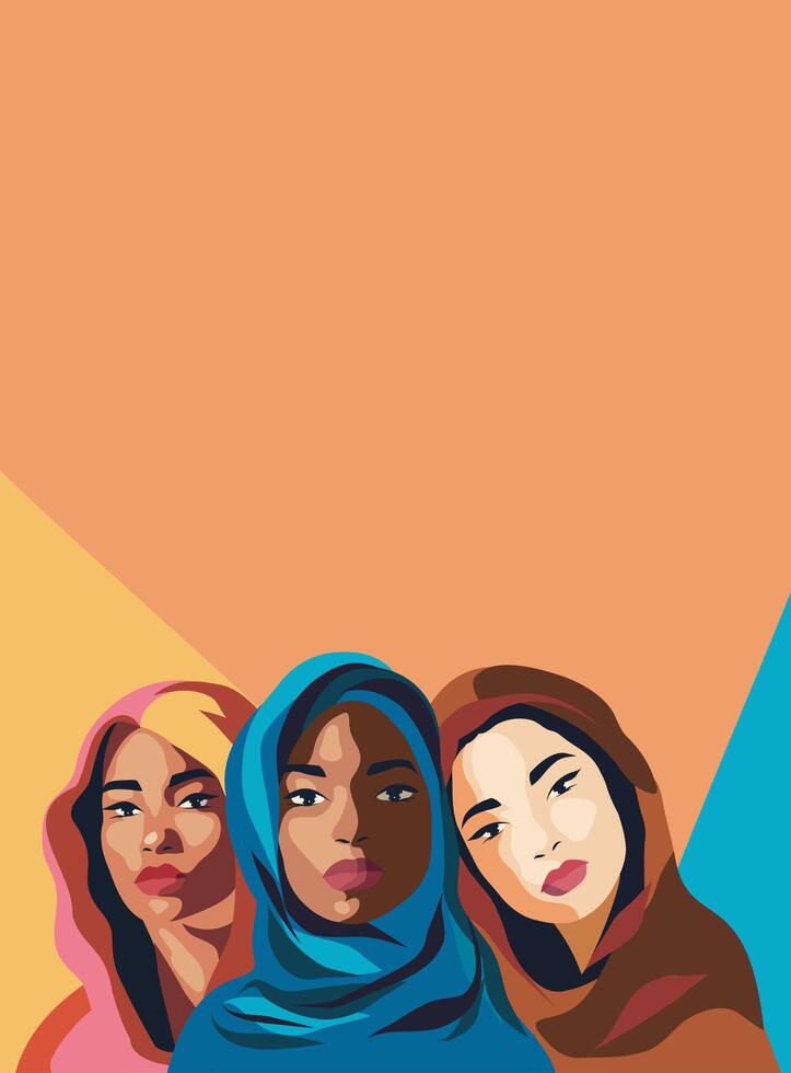 Group of beautiful arab women. Women's day. Mother's day. illustration for March 8 holiday. vertical flat banner with place for text vector