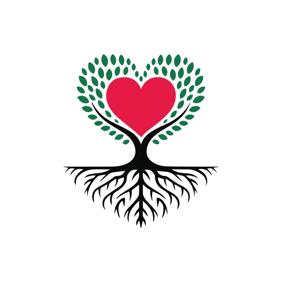 heart tree with roots and leaves, illustration vector