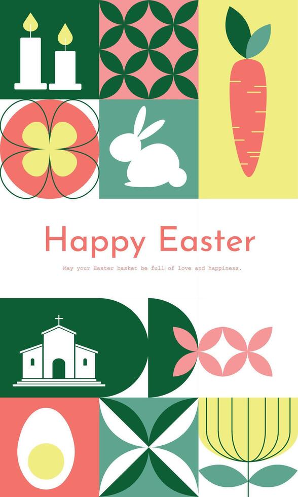 Geometric, mosaic trendy Easter greeting card, banner with traditional icons and botanical elements. illustration vector