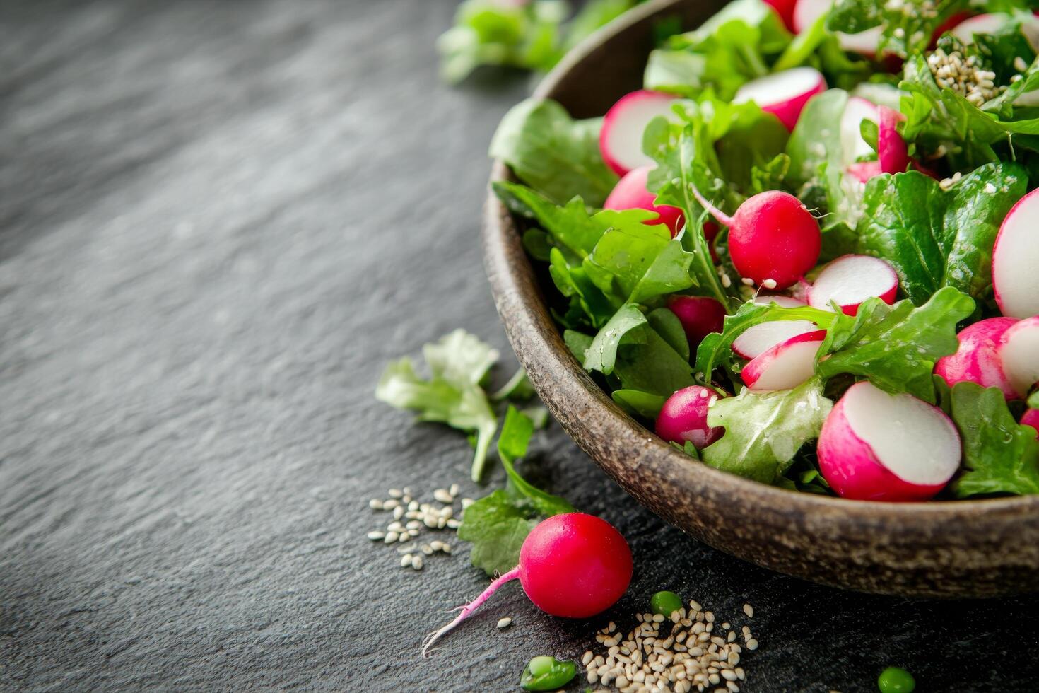 Fresh colorful salad with various vegetables and herbs placed on wooden surface photo