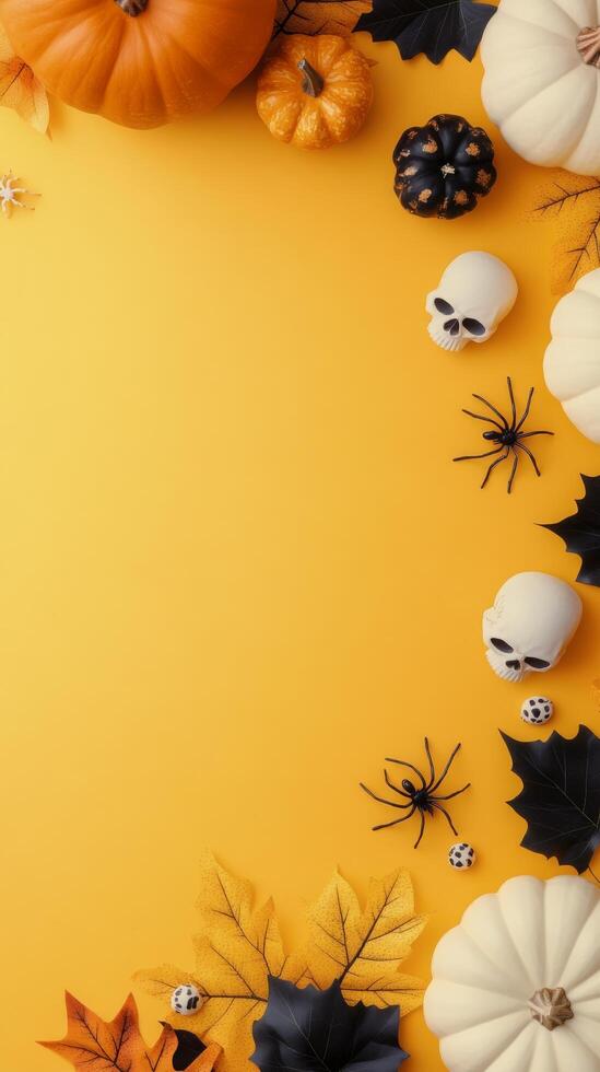 Colorful Halloween decorations with pumpkins, skulls, and spiders on yellow background photo