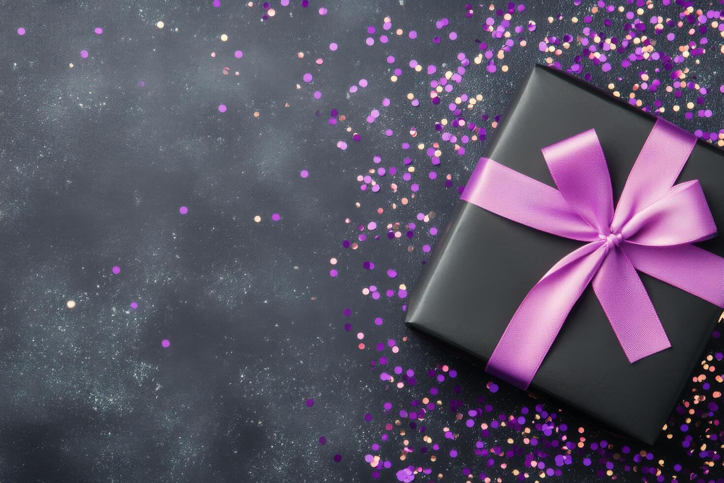Purple bow on black gift box with glittering confetti scattered on dark surface photo