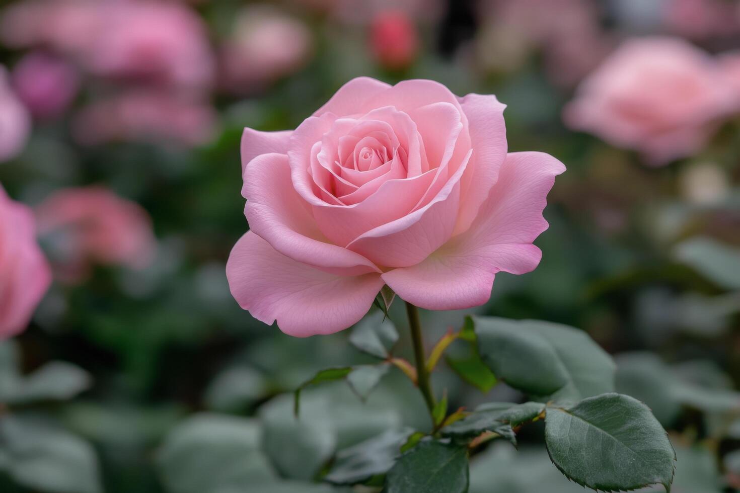 Blooming pink rose in a lush garden surrounded by green foliage showcasing natural beauty photo