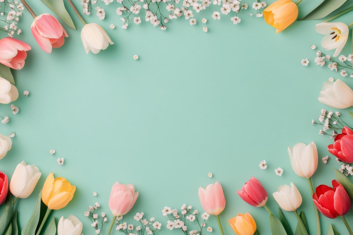 Bright and colorful tulips with delicate baby breath flowers on a mint green background photo