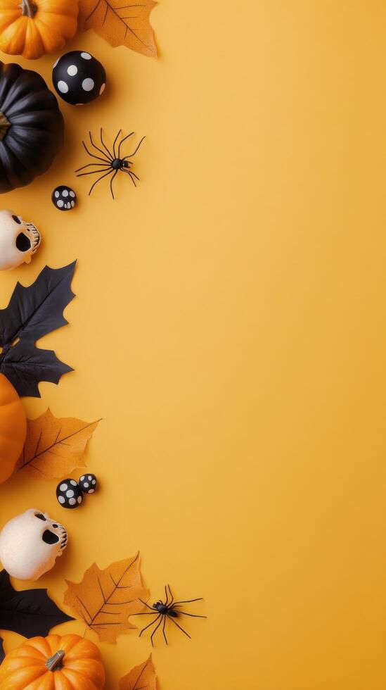 Colorful Halloween decorations with pumpkins, skulls, and spiders on yellow background photo
